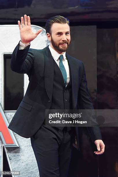 Chris Evans arrives for the European film premiere of "Captain America: Civil War" at Vue Westfield on April 26, 2016 in London, England