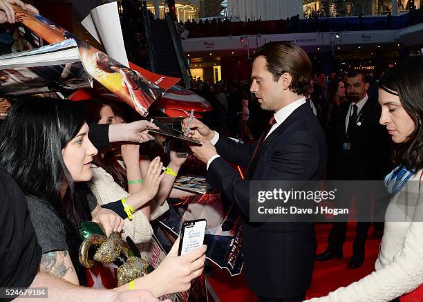 Sebastian Stan arrives for the European film premiere of "Captain America: Civil War" at Vue Westfield on April 26, 2016 in London, England