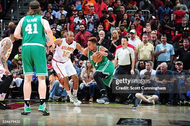 Jared Sullinger of the Boston Celtics dribbles the ball against Al Horford of the Atlanta Hawks in Game Five of the Eastern Conference Quarterfinals...