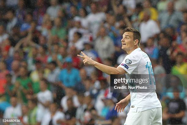 Slovenian Nejc Pecnik during UEFA EURO 2016 Group E qualifier between Slovenia and England at sport park Stozice, Slovenia on June 14, 2015