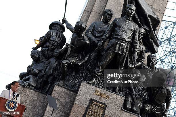 Philippine President Benigno Aquino III delivers his speech during a ceremony marking Filipino nationalist Andres Bonifacio's 150th birth anniversary...