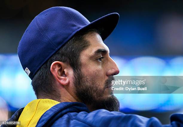 Matt Garza of the Milwaukee Brewers watches the action between the Philadelphia Phillies and Milwaukee Brewers at Miller Park on April 24, 2016 in...