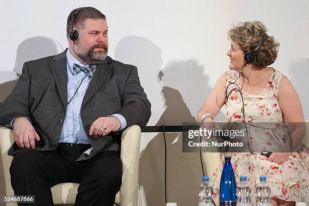 Dean DeBlois, the writer and director of &quot;How to Train Your Dragon 2&quot; and American film producer Bonnie Arnold during the press conference...