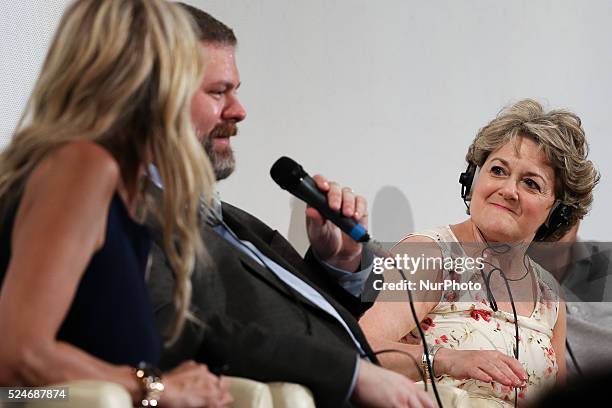 Dean DeBlois, the writer and director of &quot;How to Train Your Dragon 2&quot; and American film producer Bonnie Arnold during the press conference...