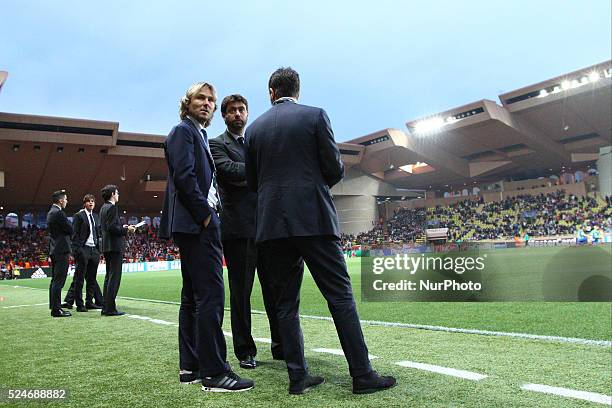 Pavel Nedved, Fabio Paratici and Andrea Agnelli talk before the Uefa Champions League quarter final football match JUVENTUS - MONACO on 22/04/15 at...