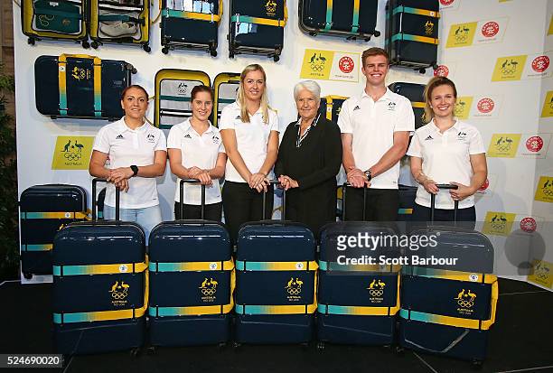 Athletes Alex Hartmann , Belinda Hocking , Rachel Jarry , Melissa Tapper and Shelley Watts pose with Dawn Fraser during the Australian Olympic Games...