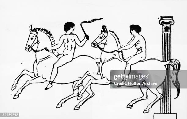 An early Olympiad depicted on an ancient Greek vase, circa 450 BC. The competitors ride naked and bareback. The Graphic - pub. 1896.