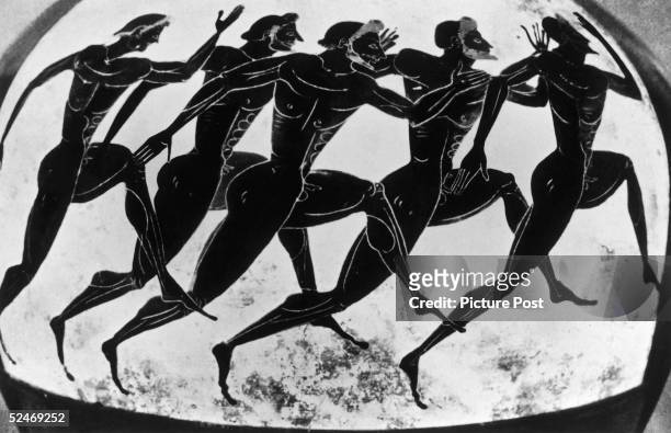 Olympic runners depicted on an ancient Greek vase given as a prize in the Panathenaea, circa 525 BC. Original Publication : Picture Post - 5953 -...