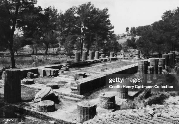 The remains of the Heraion, oldest temple in Olympia, Greece, circa 1900.