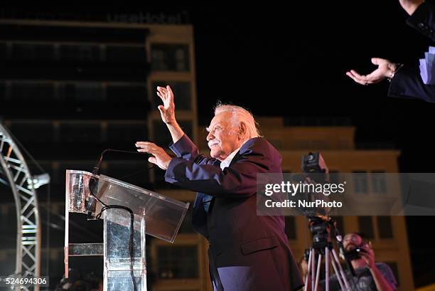 Manolis Glezos, icon of the left, top candidate of Popular Unity and Keynote Speaker during the rally of the party of Popular Unity in Omonia Square,...