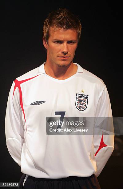 Captain, David Beckham of England shows off the new England home kit made by Umbro at the Lowry Hotel on March 23, 2005 in Manchester, England.