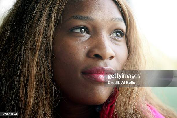 Serena Williams of the USA speaks to the press during the WTA media day during the NASDAQ-100 Open at the Crandon Park Tennis Center on March 23,...