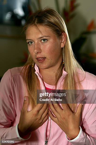 Maria Sharapova of Russia speaks to the press during media day during the NASDAQ-100 Open at the Crandon Park Tennis Center on March 23, 2005 in Key...