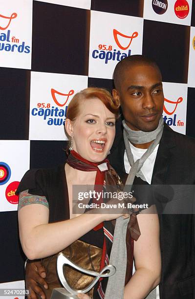 Ana Matronic and Simon Webb stand in the Awards Room with the award for favourite international artist at the Capital FM Awards 2005 at the Royal...