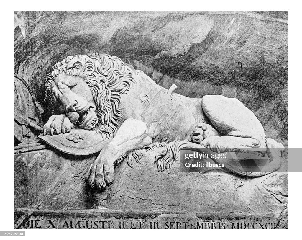 Antique photograph of Lion of Lucerne (Switerland)