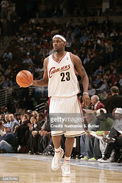 LeBron James of the Cleveland Cavaliers moves the ball during the got milk? Rookie Challenge during 2005 NBA All-Star Weekend at Pepsi Center on...