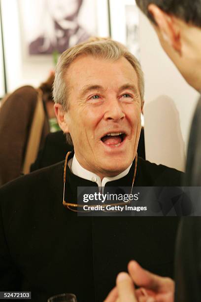 Terry O'Neill attends the private view of the "Terry O'Neill: Intimate" exhibition of pictures by the renowned celebrity photographer at the Getty...