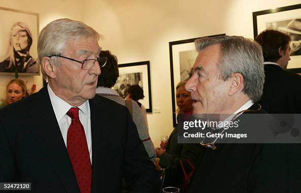 Presenter Michael Parkinson and Terry O'Neill attend the private view of the "Terry O'Neill: Intimate" exhibition of pictures by the renowned...