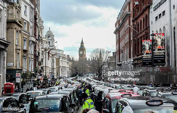 London Taxi drivers stage a protest on Whitehall on February 10, 2016 in London, England. Drivers are claiming that Uber is not subjected to the same...