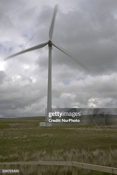 Turbine at the Coal Clough wind farm, on Sunday 21st June 2015, generating electricity for the United Kingdom's energy supply network known as the...