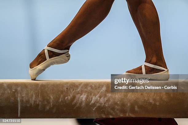 Footwork close up of gymnast Vasiliki Millousi as in action on the balance beam during the Women's All-Around Final of the 44th Artistic Gymnastics...