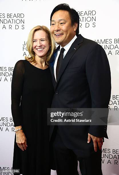 Chef Ming Tsai poses with wife Polly Tsai at the 2016 James Beard Foundation Book, Broadcast & Journalism Awards at Pier 60 on April 26, 2016 in New...