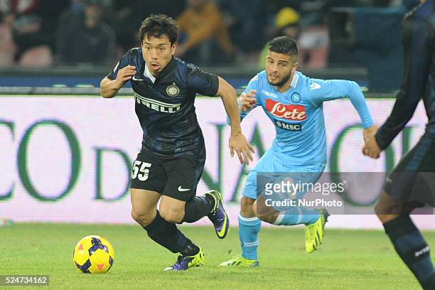 Yuto Nagatomo FC Internazionale Milano contrasted by Lorenzo Insigne during the Serie A match between SSC Napoli and Parma FC at Stadio San Paolo on...