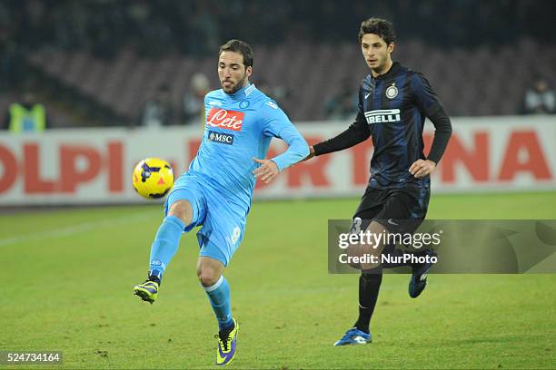 Gonzalo Higuain SSC Naples Andrea Ranocchia FC Internazionale Milano during the Serie A match between SSC Napoli and Parma FC at Stadio San Paolo on...