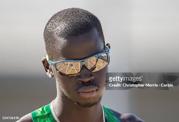 The 2014 USA Track and Field Championships in Sacramento: Men's 800 meter, 1st round- Charles Jock with the track reflected in his glasses.