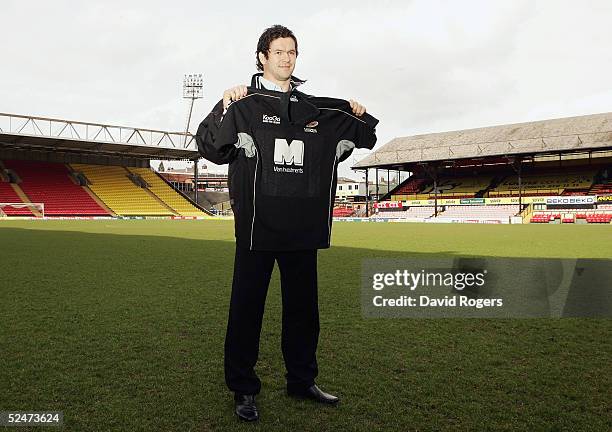 Andy Farrell, the former Wigan rugby league player who signed for rugby union club Saracens, faces the media at Vicarage Road on March 24, 2005 in...