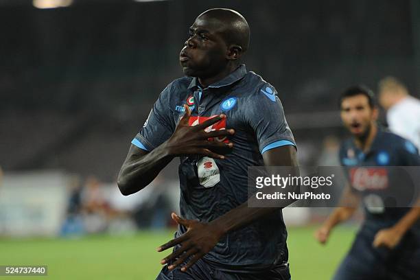 Kalidou Koulibaly celebrates after scoring of SSC Napoli during Serie A match between SSC Napoli and US Citta di Palermo Football / Soccer at Stadio...