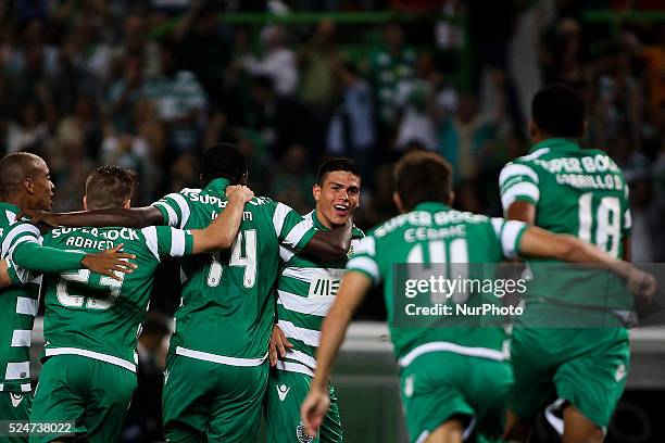 Sportings defender Jonathan Silva celebrates with team mates after scoring a goal during the Portuguese Liga football match Sporting CP vs FC Porto...