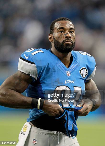 Detroit Lions wide receiver Calvin Johnson walks off the field after an NFL football game against the Chicago Bears in Detroit, Michigan USA, on...