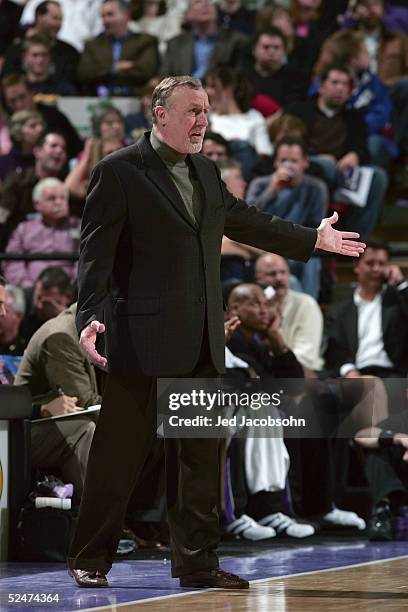 Head coach Rick Adelman of the Sacramento Kings reacts during the game against the Charlotte Bobcats at the Arco Arena on December 7, 2004 in...