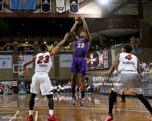Ryan Gomes from the Los Angeles Defenders spots up for a jumper over Jabril Trawick from the Sioux Falls Skyforce during the NBA D-League Finals Game...
