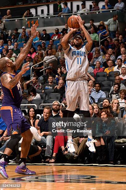 Devyn Marble of the Orlando Magic shoots the ball during the game against the Phoenix Suns on March 4, 2016 at Amway Center in Orlando, Florida. NOTE...