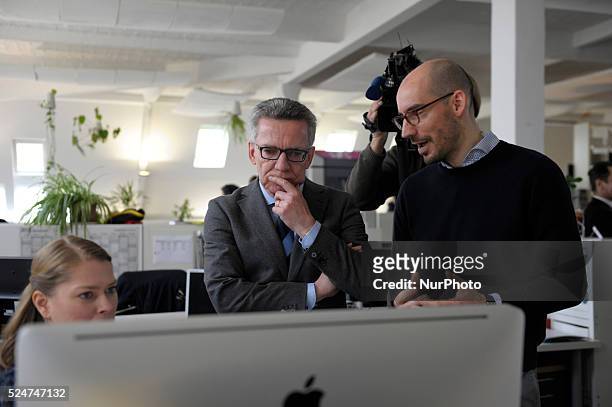 The Federal Minister of the Interior Thomas de Maiziere speaks during the presentation of &quot;together-for-fl��chtlinge.de&quot; on in Berlin,...