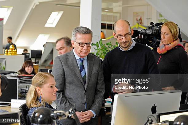 The Federal Minister of the Interior Thomas de Maiziere speaks during the presentation of &quot;together-for-fl��chtlinge.de&quot; on in Berlin,...