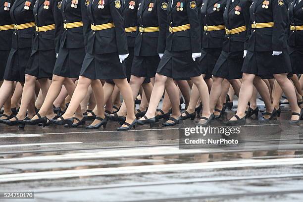 Kaliningrad, Russia 9th, May 2014 Russian female soldiers march during a large military parade in Kaliningrad, Russia, to mark Victory Day, May 9,...
