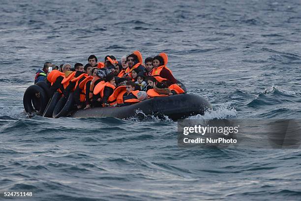 Group of migrants arrives from Turkey at the beach near Skala Sikamineas. Skala Sikamineas, Lesvos Island, Greece, on October 29, 2015.