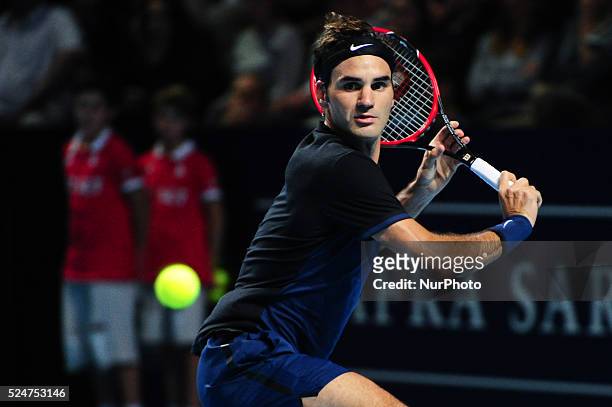 Roger Federer during a match against David Goffin in the quarter finals of the Swiss Indoors at St. Jakobshalle in Basel, Switzerland on October 30,...