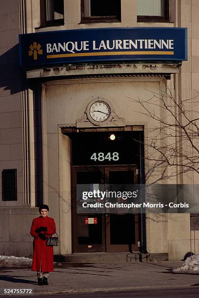 Montreal Island, Quebec, Canada: Bank Branch In Montreal, Quebec, Canada. Laurentian Bank exterior and CIBC's , with ATM on exterior.