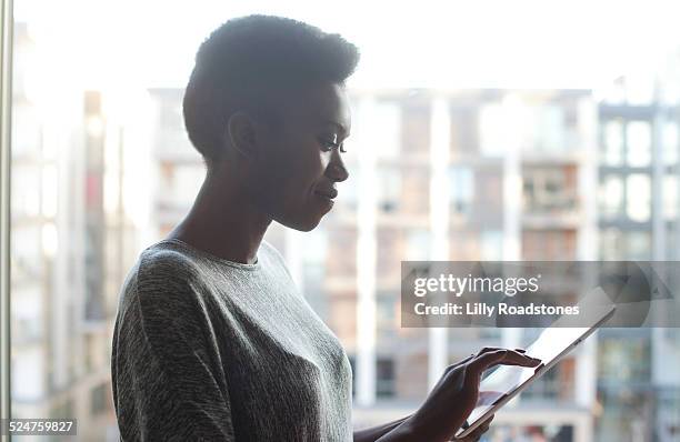 young woman using tablet computer - business frau profil kurze haare stock-fotos und bilder