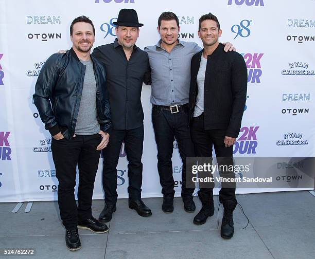 Singers Drew Lachey, Justin Jeffre, Nick Lachey and Jeff Timmons attend the My2k tour launch with 98 Degrees, O-Town, Dream and Ryan Cabrera at...