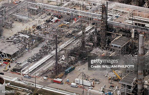Birds eye view of the wreckage at the BP facility in Texas City 55 kilometers south of Houston, 24 March 2005, after an explosion. The death toll...