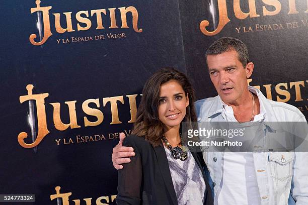 Inma Cuesta and Antonio Banderas attend 'Justin And The Knights Of Valour' photocall at Castle of Villaviciosa de Odon on September 11, 2013 in...