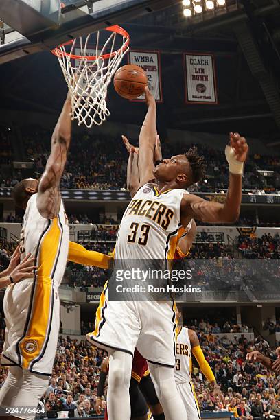 Myles Turner of the Indiana Pacers goes for the rebound during the game against the Cleveland Cavaliers on February 1, 2016 at Bankers Life...