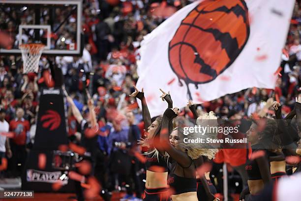 The Raptors Dance Pak celebrates the win as the Toronto Raptors beat Indiana Pacers in game five 102-99 in their first round NBA playoff series at...