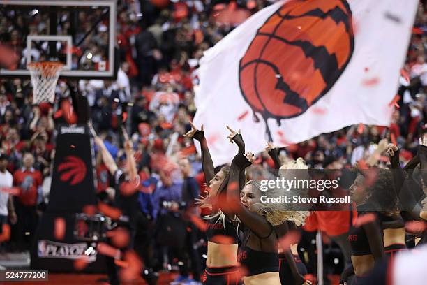 The Raptors Dance Pak celebrates the win as the Toronto Raptors beat Indiana Pacers in game five 102-99 in their first round NBA playoff series at...