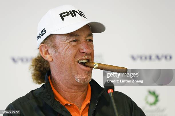 Miguel Angel Jimenez of Spain looks on during a press conference prior to the start of the 2016 Volvo China Open on April 27, 2016 in Beijing, China.